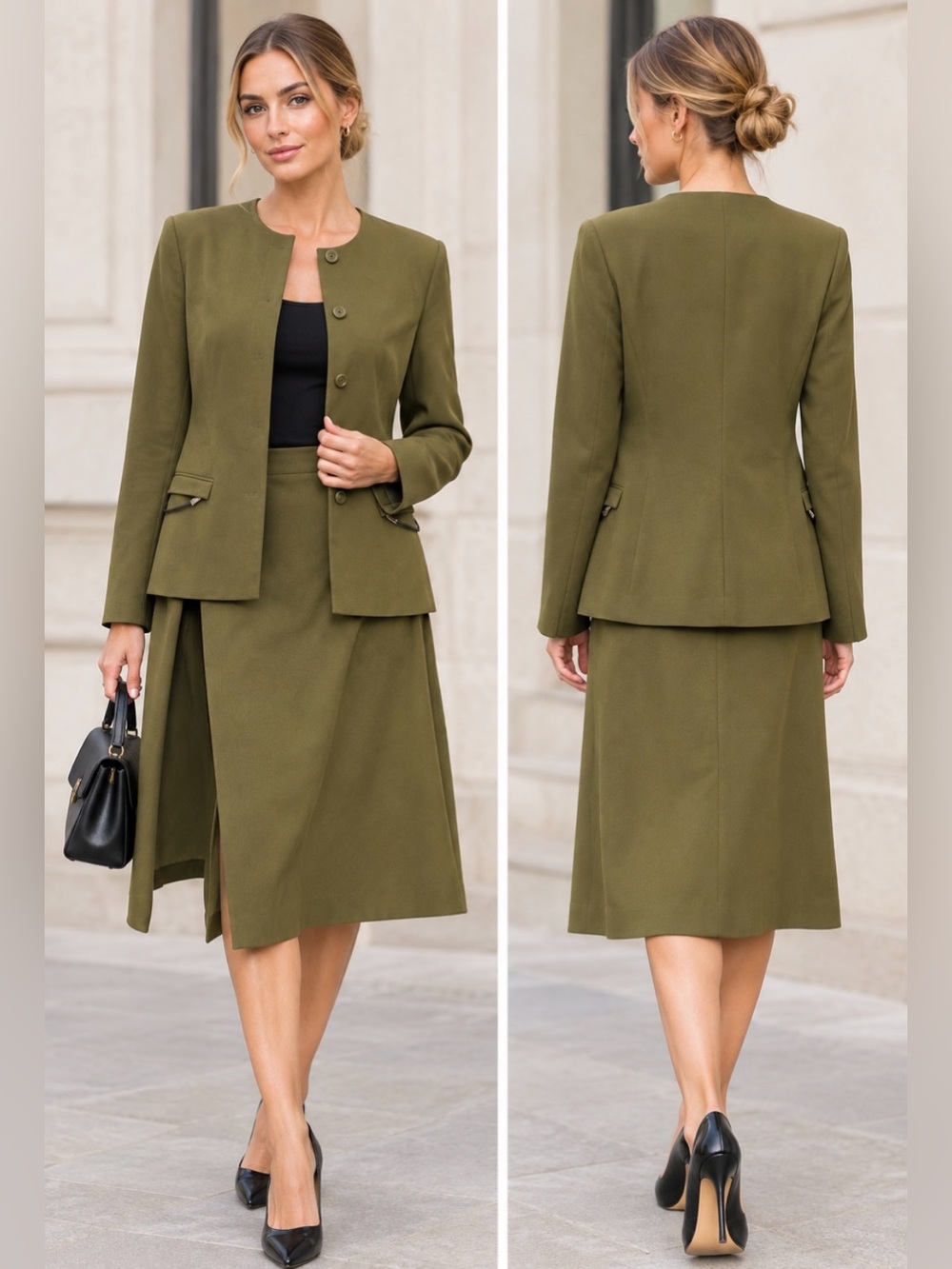 Prada Olive Green Midi Skirt - Tailored Front Slit